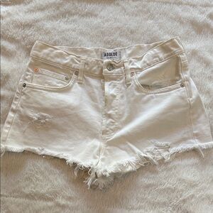 Agolde White Frayed Hem Distressed Denim Shorts